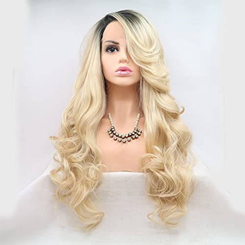 Xiwieya long blonde wavy wig Synthetic lace front wigs wavy with dark root heat resistant fiber for women, drag queen side part Long blonde wig Wigs For Women Hairstyle Wig 24 inch