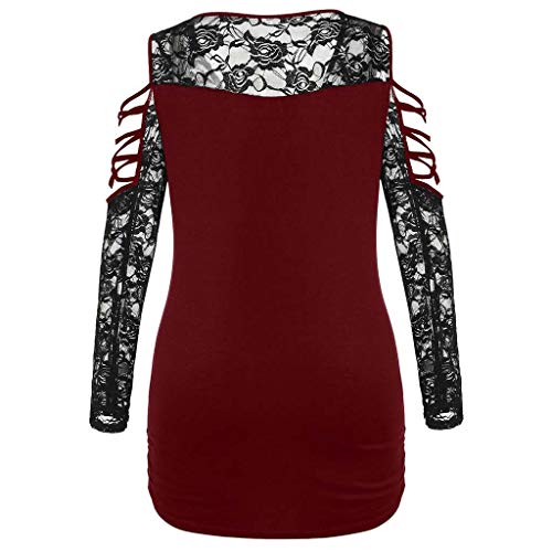 Blouse for Women Plus Size Elegant,SMALLE◕‿◕ Womens Fashion Criss Cross Cold Shoulder Splice Transparent Lace Blouse Wine