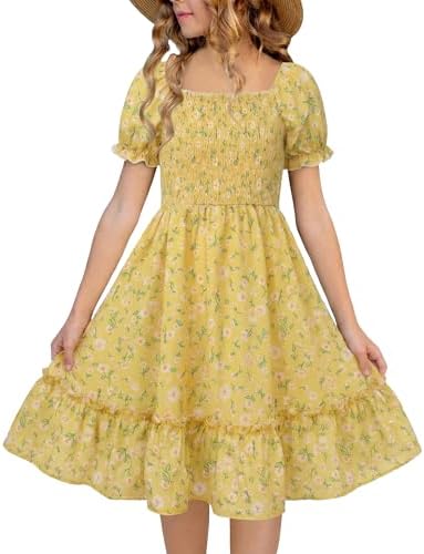 FREELYVE Girls Summer Floral Smocked Dress Square Neck Puff Sleeve Ruffle School Party Teen Sundress,Yellow,10-11Y