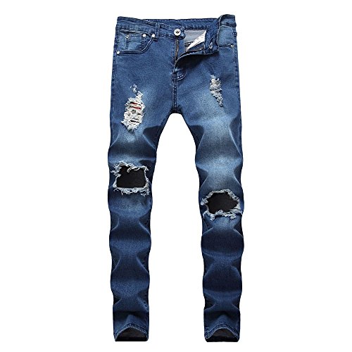 Edenun Mens Jeans Ripped Destroyed Stretchy Knee Holes Slim Tapered Leg Long Pants Streetwear Younger-Looking Trousers Deep Blue