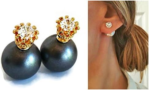 EWT Double pearl ball Black pearl stud earrings/ Front back earrings/ reversible earrings