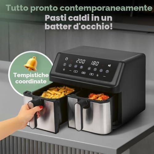 ProfiCook® Friggitrice ad aria calda 2 camere | Friggitrice ad aria | 9 litri | Frittura senza grassi | Friggitrice ad aria calda | Vasca antiaderente | PC FR 1296 H