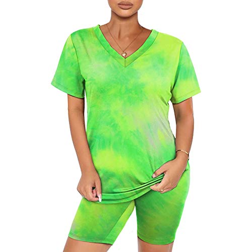 Two Piece Outfits for Women,Women\'s Tie Dye 2 Piece Shorts Set for Summer V Neck Shorts Sleeve T Shirts Set Jumpsuit Rompers Outfit Clubwear Sportswear Tracksuit Set