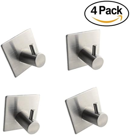 3M Self Adhesive Coat/Robe Hook for Bathroom Kitchen Towel Hook,No Drilling Required Utility Hooks - 4 Pack Brushed Nickel Hook