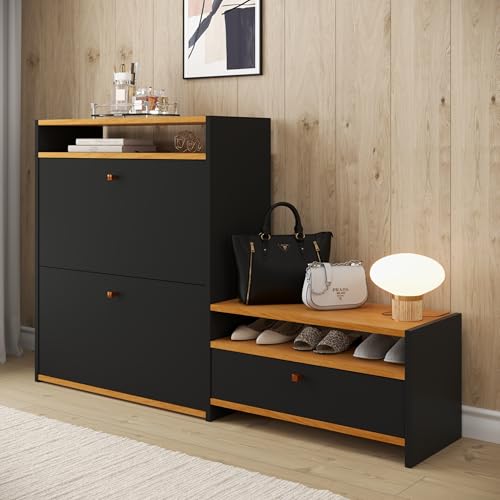 Sapateira Diamante 3 Portas Basculante Puxador Resistente Polipropileno 18 Pares Calçados 2 Nichos Organizador Decoração Moderna Quarto Sala Hall Entrada Closet (Preto/Nature)