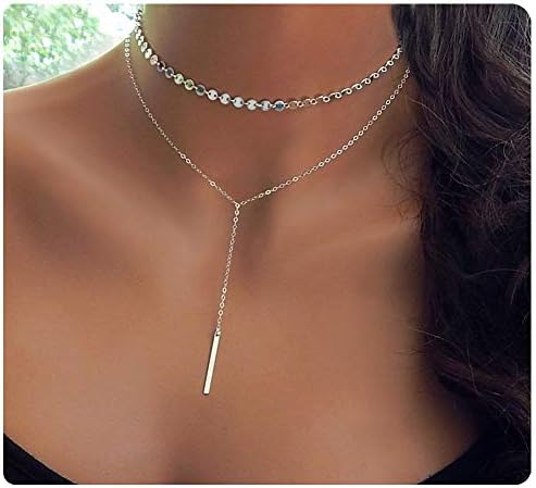 Exquisite Bar Pendant Sequins Chain Layered Choker Necklaces Jewelry for Women