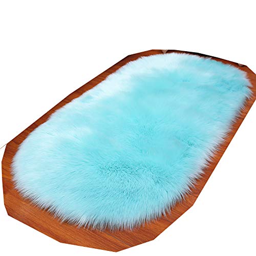 Huahoo Oval Faux Fur Sheepskin Rug Tiffany Blue Kids Carpet Soft