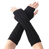 Women Lady Girl Long Soft Fingerless Knit Thumb Hole Gloves Mittens (01-Black)