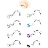 Nose Rings Studs: 8Pcs 20G/18G Gold/Silver 316L Surgical Stainless Steel Nose Studs Hypoallergenic Corkscrew Nose Piercing Stud Jewelry for Women Men Clear Cubic Zirconia Imitation Diamond Top Size 1.5mm 2mm 2.5mm 3mm