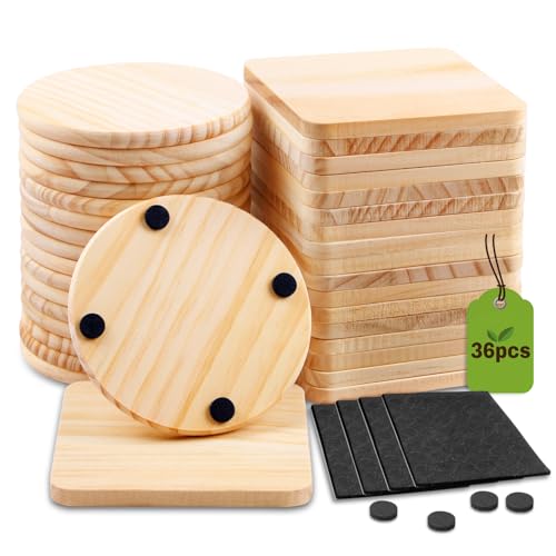 36 Pcs Unfinished Wood Coasters for Crafts,Cymuber 4 Inch Blank Wooden Coasters,Blank Coaster with Non Slip Pad for DIY Stained Painting Wood Engraving Wedding Halloween Christmas (36Pcs)