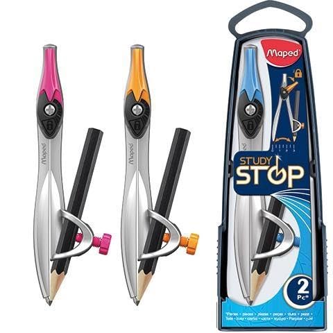 Maped Study Stop Universal Holder Compass with Exclusive Stop System (Assorted Colours) - Pencil and Storage Box Included