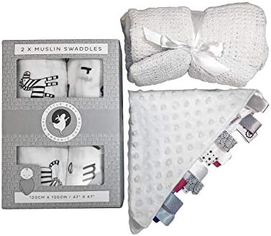 Little Grey Organic Muslin Swaddle Blanket Baby Gift Set! Pack of 2 100% Organic Cotton Large Muslins, Super Soft Comforter and Cotton Cellular Baby Blanket! Perfect Newborn Essential Baby Gift!