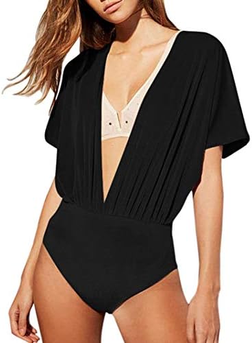 Bodysuit Ladies Body Casual Short Summer Modern Wrap Velvet Sleeve Deep V-Neck Skinny Vintage Solid Color Bodysuit Jumpsuit Tops