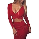 Memorose Womens Sexy Long Sleeve Cut-Out Bandage Bodycon Clubwear Midi Dress Red M