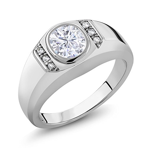 925 Sterling Silver Men's Solitaire w/Accent Stones Ring Forever Classic Oval 1.50ct (DEW) Created Moissanite by Charles & Colvard and Created Sapphire