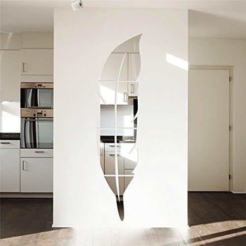 Yusylvia 1set 120X30cm DIY Modern Plume Feather Style Acrylic Mirror Wall Stickers Room Decoration (large 120X30CM, Silver)