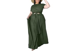 Ophestin Womens Plus Size 2 Piece Dress Outfits Solid Color Crop Top Maxi Skirts Set