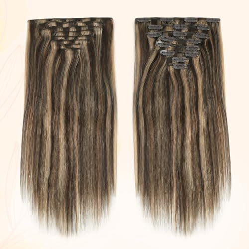 Sassina Clip in Hair Extensions Real Human Hair Chocolate Brown Highlighted Caramel Blonde Double Weft Clip ins for Women 16 Inch Human Hair Full Head 8 Pcs 120 Grams #P4-27