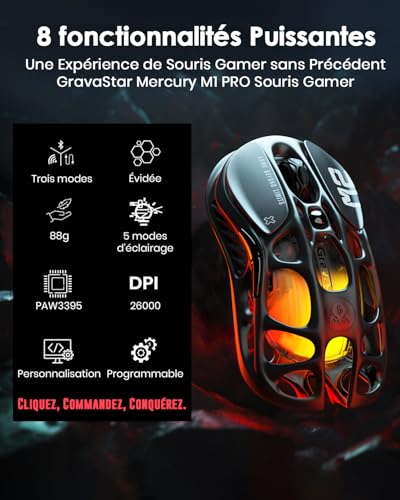 GravaStar Mercury M2 Gaming Mouse - MMO Gaming Mouse for Computer with 26000 DPI Optical Sensor - Hollow Out Lightweight Design - 5 Programmable Buttons - 5 RGB Dynamic Lightsync Modes - Stealth Black