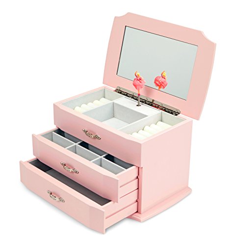 JewelKeeper Girls Wooden Musical Jewelry Box with Pullout Drawers, Classic Design with Ballerina and Mirror, Swan Lake Tune Rose Pink