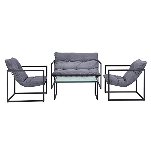 casa.pro Gartenmöbel Set 4-teilig Gartenset Gartengarnitur mit Polsterkissen Sitzgarnitur aus Sitzbank Sessel Couchtisch Outdoor-Möbel mit Stahlgestell Sitzgruppe Schwarz/Grau – Bild 3