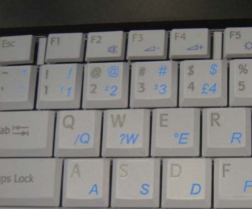 PORTUGUESE BRAZILIAN KEYBOARD STICKERS WITH BLUE LETTERING ON TRANSPARENT BACKGROUND