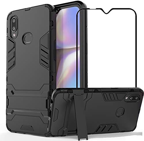 FLYME for Samsung Galaxy A10S Case with Tempered Glass Screen Protector, Telegaming Dual Layer Hybrid Tank Armor Case with Kickstand Shockproof Soft TPU & Tough PC Back Cover,Black