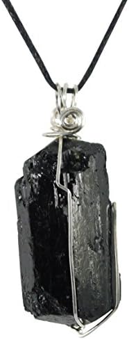 Black Tourmaline Pendant, Wire Wrapped, 1 7/8", Natural, Necklace, Satin Cord, 22"