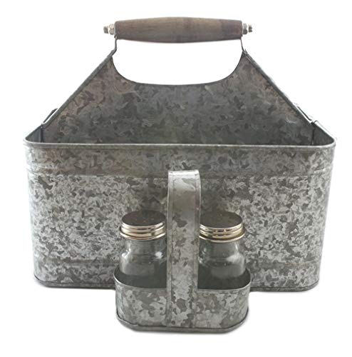 Galvanized Metal Caddy Plus Matching Salt and Pepper Shaker Farmhouse Rustic Carry-All Picnic Kitchen Utensil Organizer Condiment Holder by Well Pack Box - Thumbnail 5