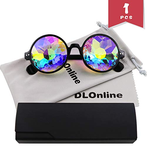 DLOnline Round Kaleidoscope Glasses,Rainbow Prism Sunglasses for Party Rave Festival Disco Dancing with Glasses Cloth,Glasses Bag and Box (Black Spectacle-Frame) - Thumbnail 7