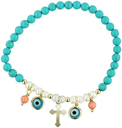 STERLING SILVER STRETCH BEADS EVIL'S EYE, CROSS CHARMS BRACELET (blue)