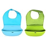 BOGZON Silicone Baby Bibs With Comfort & Fit Fabric Neck, Infant Drool Burp Cloths, Easy to Roll Up, Set of 2 ( Green & Blue )