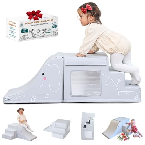 LORAIA® LUXURY 100% NON-TOXIC foam climbing blocks •TOP Fasteners• MONTESSORI soft play set + baby slide •LOW MAINTENANCE Vegan Leather •14