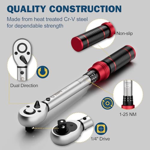 VANPO Bicycle Torque Wrench, 1-25 Nm, 1/4 Inch Torque Wrench Set with 30 S2 Bits, ±3% Precision, 72 Tooth Ratchet, Small Torque Wrench for MTB Bike, Motorcycle, Maintenance and Repair
