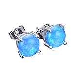Junxin 925 Sterling Silver Round Cut Opal Stud Earrings Gift for women and girls 7.5MM(Blue)