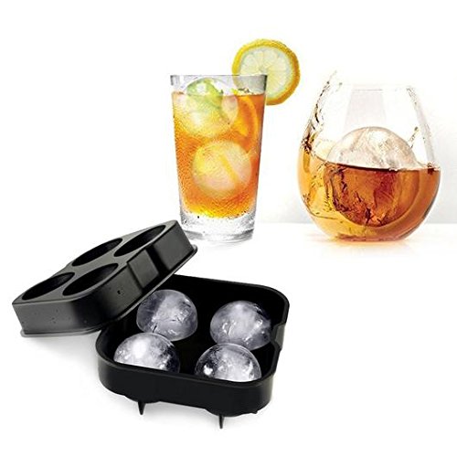 Domi Ice Ball Maker, Black Easy Flexible Silicone Ice Tray，4 Round Large Sphere Ice Molds with Lid & Big Ice Cube Molds for Whiskey/ Cocktails / Bourbon/ Keep Drinks Colder Longer Than Ice Cubes -- FD