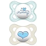 MAM I Love Mommy Collection Pacifiers (2 pack, 1 Sterilizing Pacifier Case), MAM Pacifier 0-6 Months, Baby Boy Pacifier, Best Pacifier for Breastfed Babies
