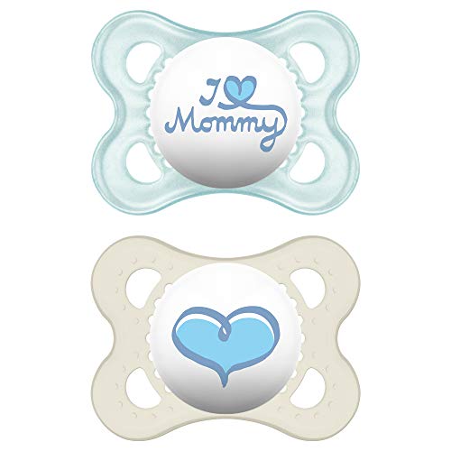 MAM I Love Mommy Collection Pacifiers (2 pack, 1 Sterilizing Pacifier Case), MAM Pacifier 0-6 Months, Baby Boy Pacifier, Best Pacifier for Breastfed Babies