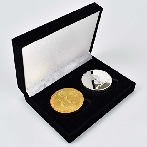 2PCs Bitcoin Ether Set (Gold & Silver Plated) w/ Unique Bitcoin Velvet Display Case to HODL Cryptocurrency - Limited Edition BTC Crypto Coins | Ethereum Ether Ethereum Coin Etherum