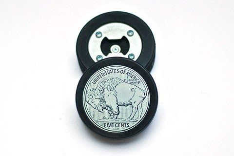 Hockey Puck Bottle Opener Made From a Real Puck - Buffalo Nickel