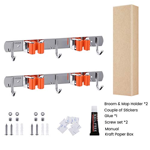 MOHOO Broom Holder Wall Mount Stainless Steel Wall Mounted Storage Organizer Heavy Duty Tools Hanger with 2 Rails 4 Racks 6 Hooks for Bathroom Kitchen Office Closet Garden