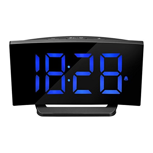 Digital Alarm Clock, Atmoko 5'' LED Display Clock with Curved-screen and Dimmer, Snooze Function, 3 Adjustable Alarm Sounds, Bedside Alarm Clock for Bedroom, Kitchen, Office-Blue