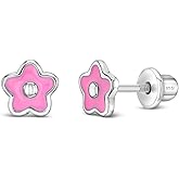 925 Sterling Silver Little Girl's 6mm Pink Enamel Flower Shaped Screw Back Locking Earrings for Toddlers & Pre Teens Playful and Formal Outfits, Daily and Occasional Use
