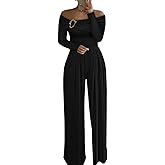CHICME Womens Dressy Long Sleeve Jumpsuit Fall Off Shoulder Ruched Buckle Decor Cocktail Wide Leg Jumpsuit