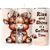 Products Innovations Personalized Rise and Shine Highland Cow Themed Tumbler Cup - 20 oz Stainless Steel Skinny Tumbler with Lid and Straw, Portable Mug, Travel Mug, Gift for Women