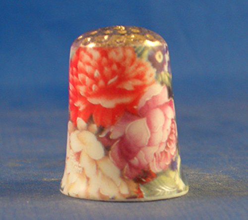 Porcelain China Collectable Thimble -- Summer Floral Gold Top with Free Gift Box