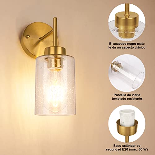Lámpara De Pared Interior, JSXing Apliques De Pared Con Pantalla De Vidrio Transparente, Lampara De Pared Para Baño, Dormitorio, Espejo, Sala De Estar,E26 Base (Oro-2 piezas)