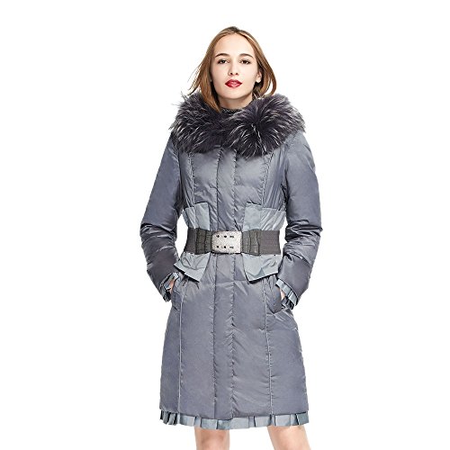 Women Winter Fur Hood Down Jacket Coat with Belt