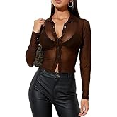 Remidoo Women's Sexy Sheer Mesh Button Down Long Sleeve Crop Top Blouse Shirt
