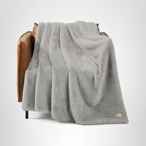 UGG EUPHORIA FAUX FUR THROW BLANKET, OVERSIZED WARM THROW FOR COUCH OR CHAIR, LUXURY BEDROOM DECOR, COZY SOFT BLANKETS, MACHINE WASHABLE, 50-INCH X 70-INCH, SEAL GREY